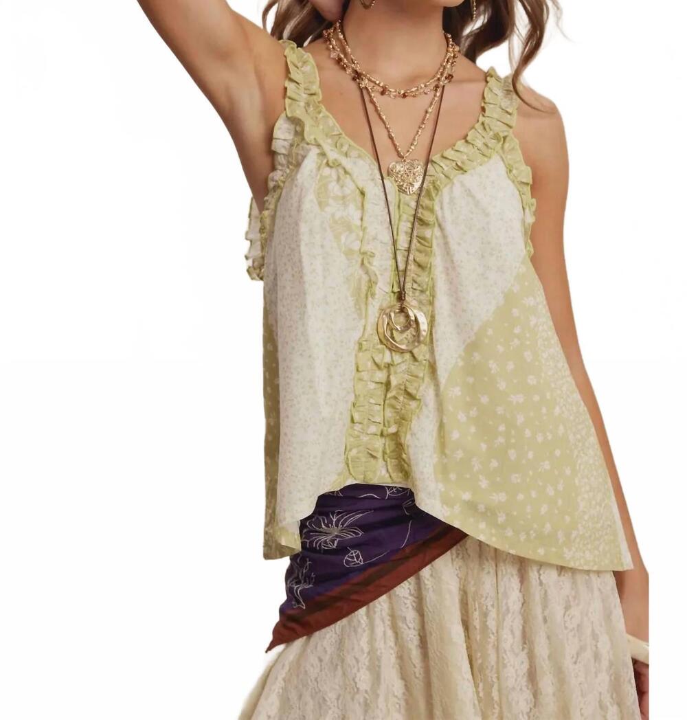 NEW LISTICLE meadow bloom patchwork ruffle tank in green